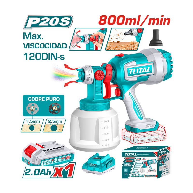 TOTAL TOOLS - Kit Pistola para Pintar 800 ML 20V + Batería y Cargador Total