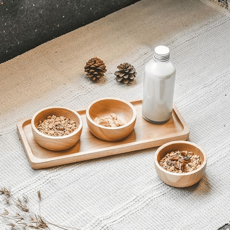 HOMESTAR - Set Bandeja Rectangular con 3 Bowls Madera Natural - Para Aperitivos