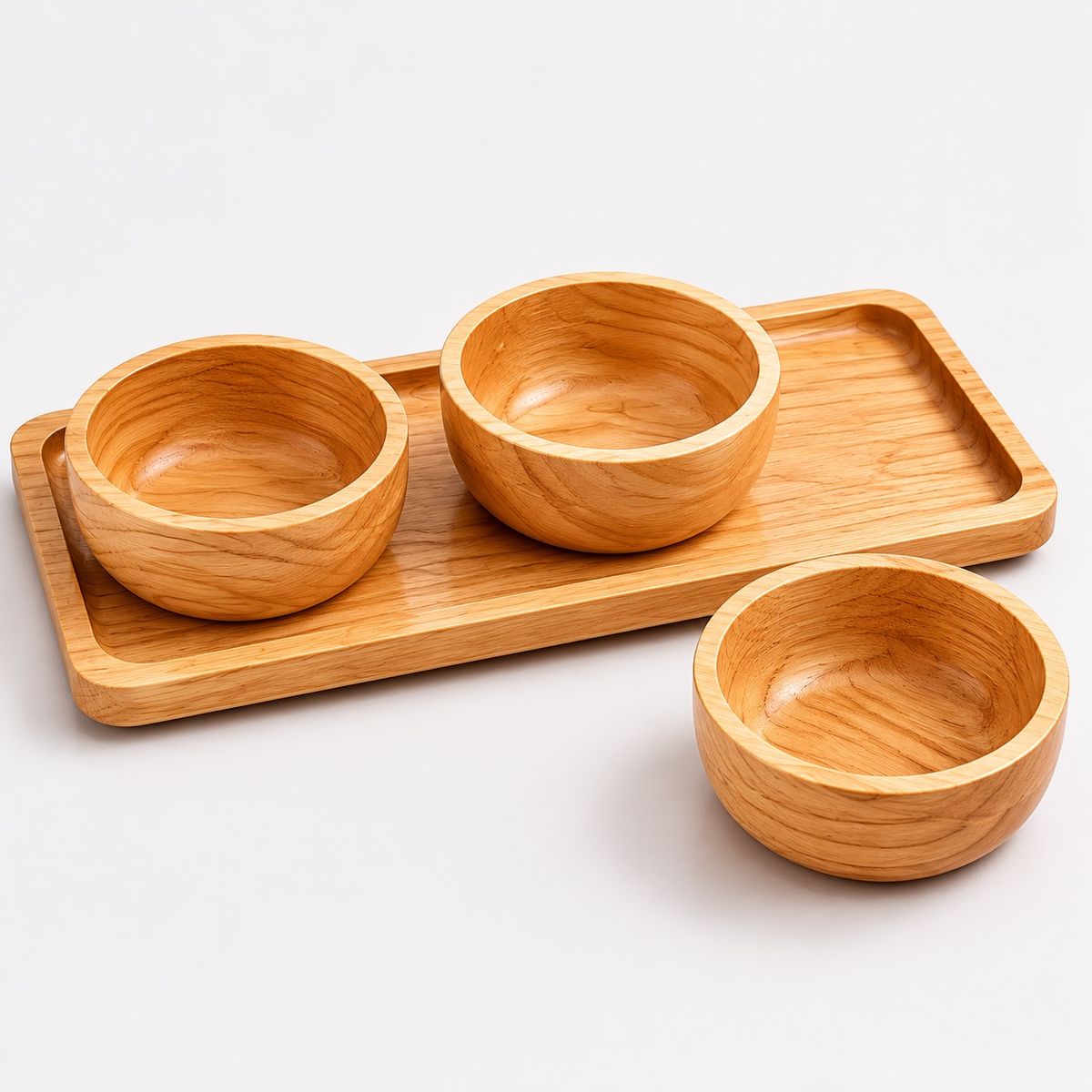 HOMESTAR - Set de bandeja rectangular de madera natural con 3 bowls para aperitivos