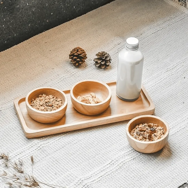 HOMESTAR - Set Bandeja Rectangular con 3 Bowls Madera Natural - Para Aperitivos