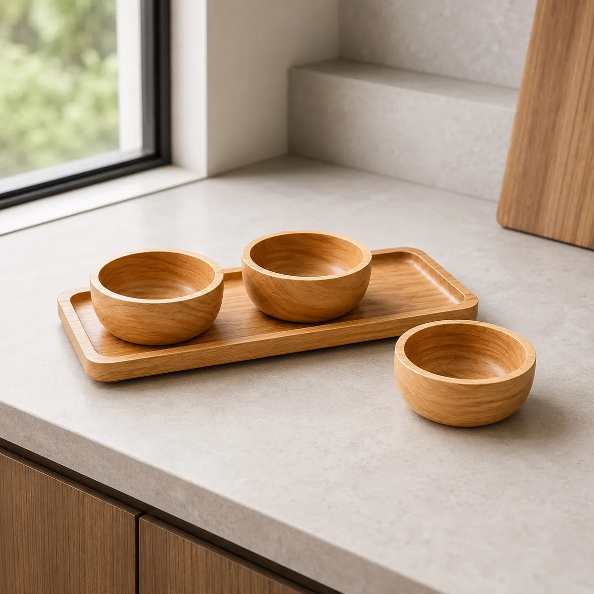 HOMESTAR - Set de bandeja rectangular de madera natural con 3 bowls para aperitivos