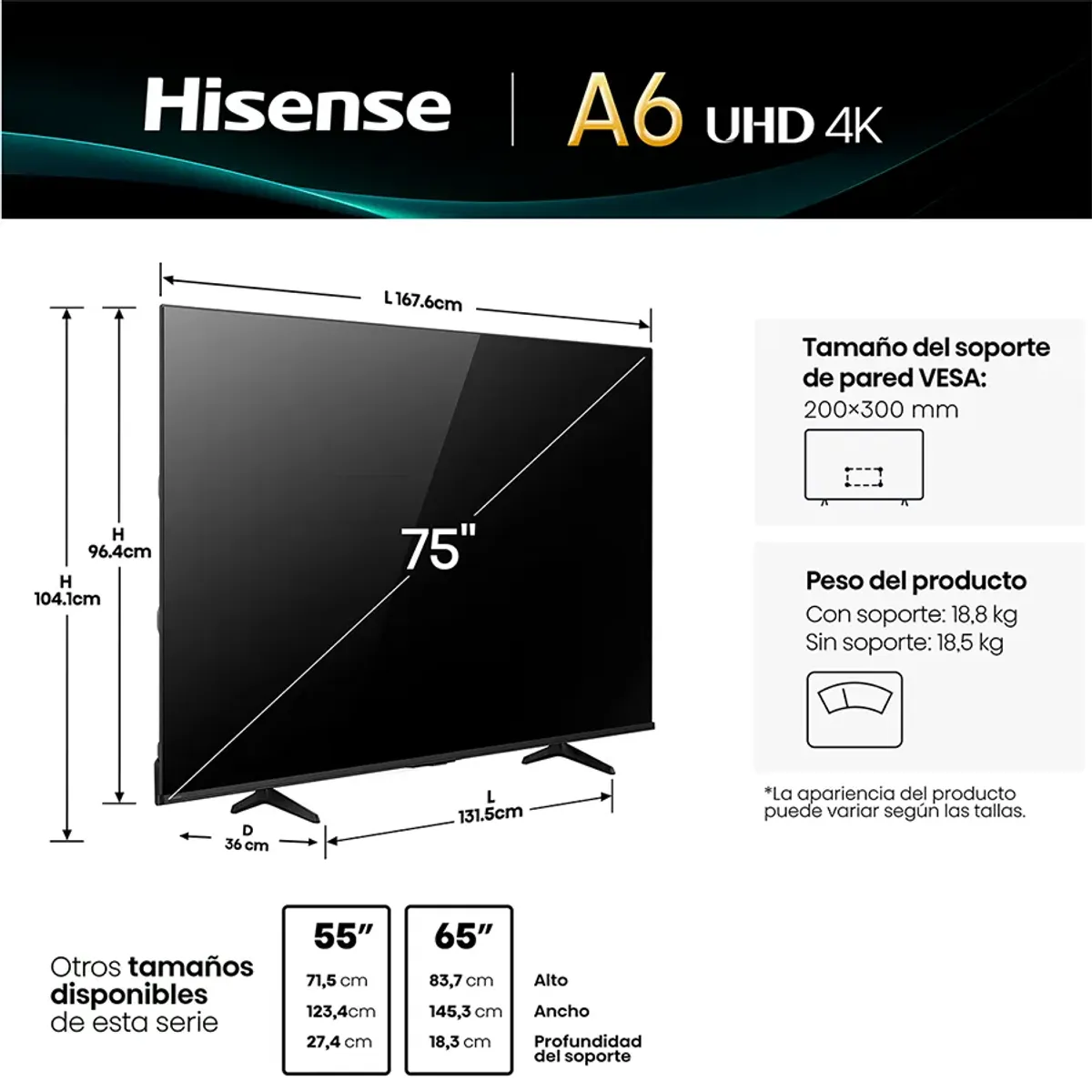 HISENSE - SMART TV LED 75 75A6NV 4K
