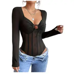 GARSIL - Body Elegante Para Mujer De Manga Larga Semi Transparente