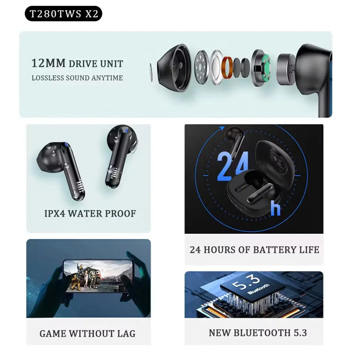 JBL - Set 2 Audífonos Bluetooth JBL T280TWS X2-Negro