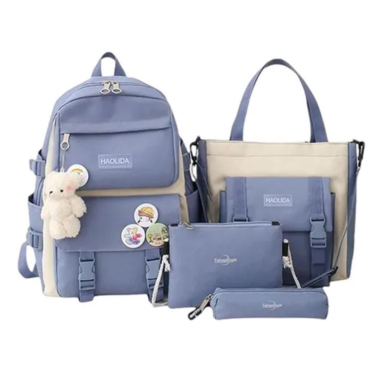 Mochila Urbana Escolar Viaje Estilo Coreano 4 Piezas Azul Acero TALLA UNICA
