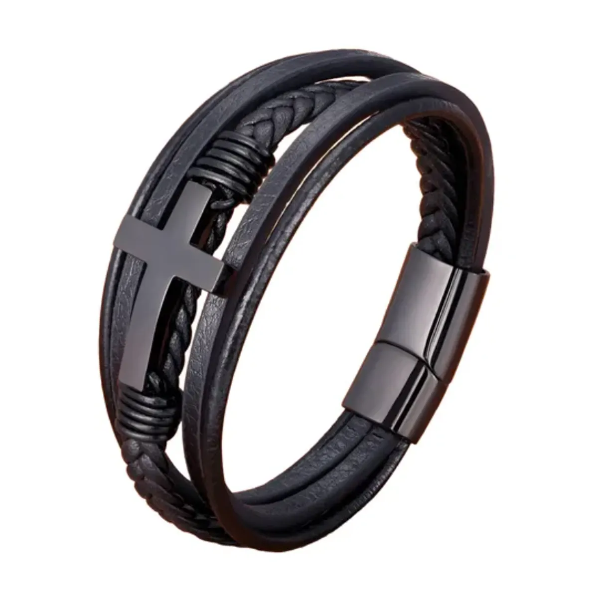 GENERICO - Pulsera De Cuero Cruz Black Hombre Royal Madriz