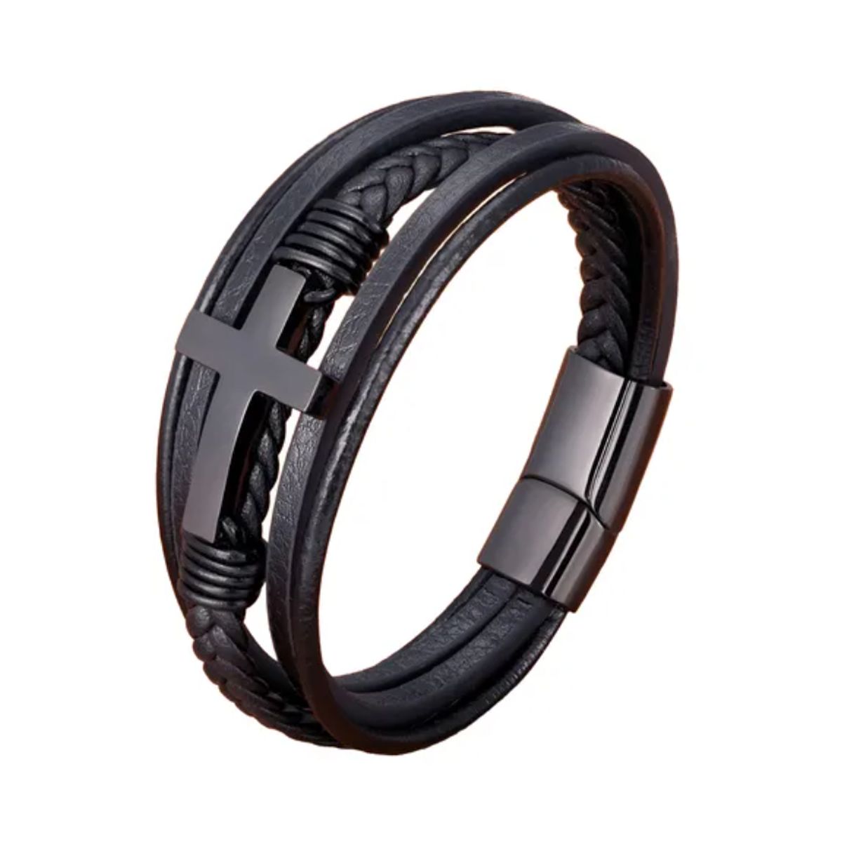 GENERICO - Pulsera De Cuero Cruz Black Hombre Royal Madriz