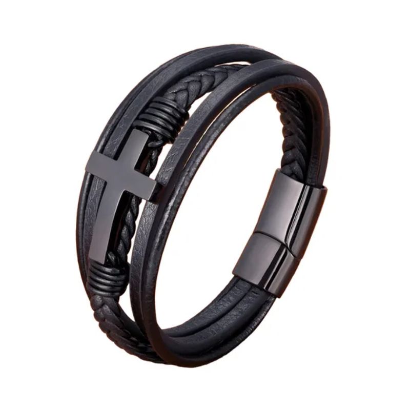 GENERICO - Pulsera De Cuero Cruz Black Hombre Royal Madriz
