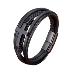GENERICO - Pulsera De Cuero Cruz Black Hombre Royal Madriz