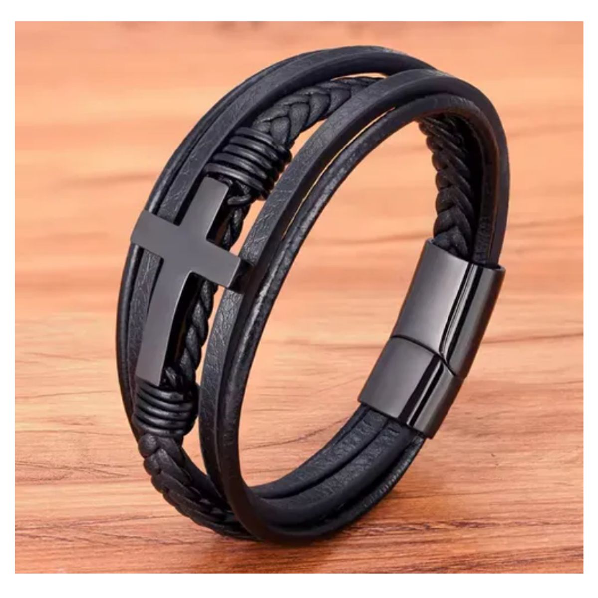 GENERICO - Pulsera De Cuero Cruz Black Hombre Royal Madriz