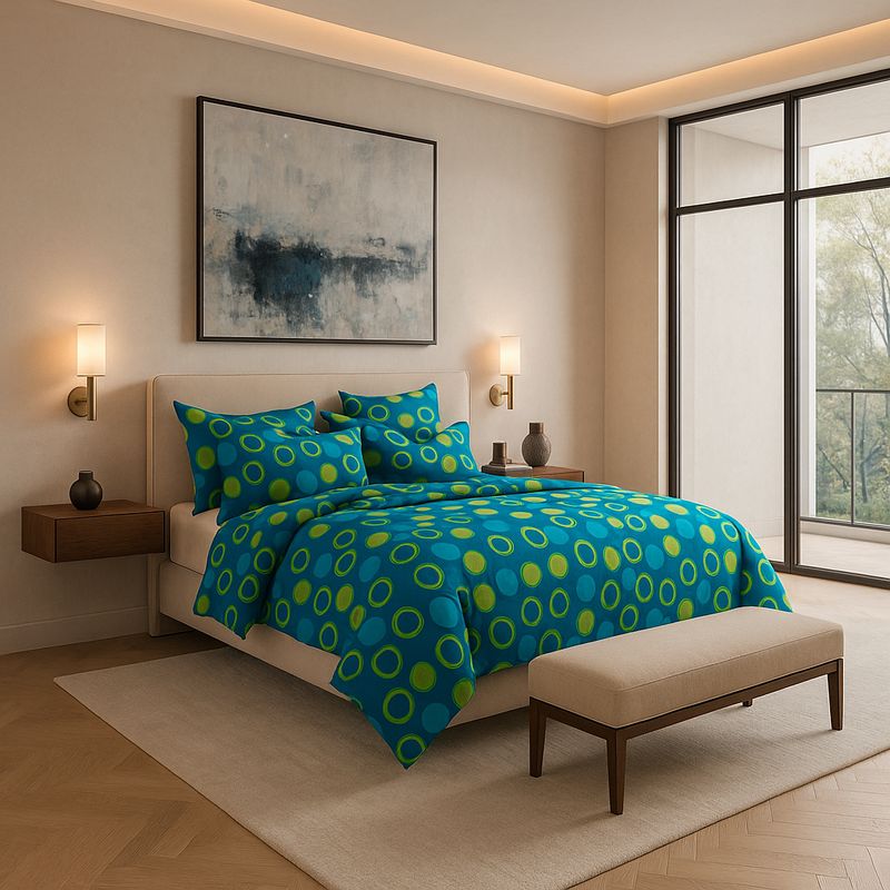 ARMONIA - Juego cama 2 plazas 800 hilos diseño círculos azules verdes 826
