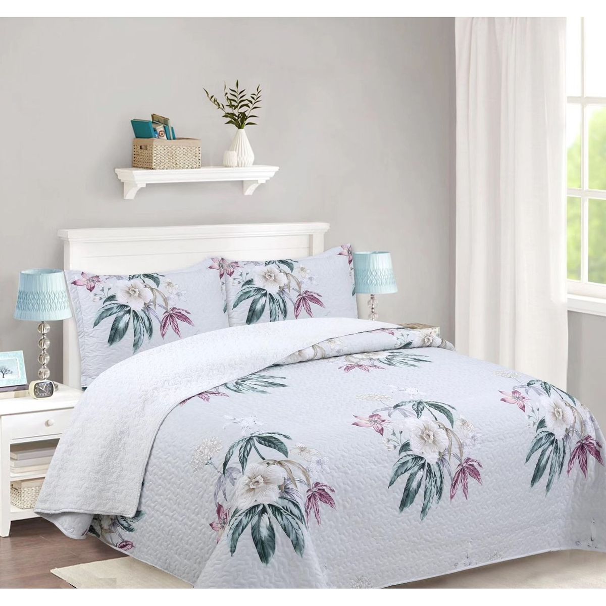 COMPRAPO - Cubrecama Quilt Sherpa 2 Pzas. Mod. Flores Tropicales Fundas 50x70 Cm