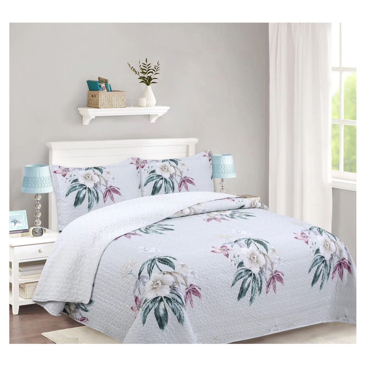 COMPRAPO - Cubrecama Quilt Sherpa 2 Pzas. Mod. Flores Tropicales Fundas 50x70 Cm