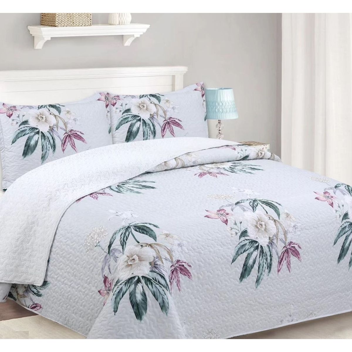 COMPRAPO - Cubrecama Quilt Sherpa 2 Pzas. Mod. Flores Tropicales Fundas 50x70 Cm