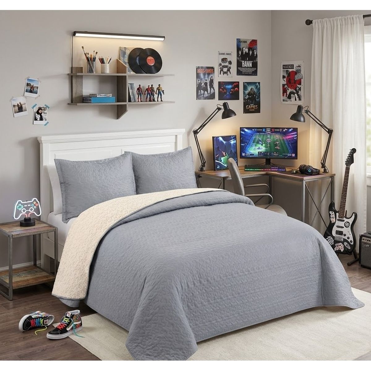 COMPRAPO - Cubrecama Quilt Juvenil Sherpa King Modelo Gris + 2 Fundas