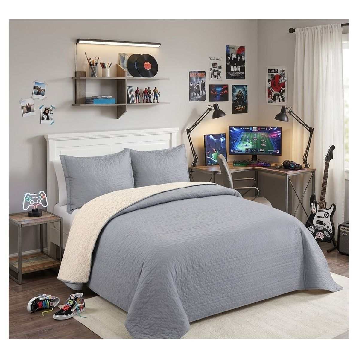 COMPRAPO - Cubrecama Quilt Juvenil Sherpa King Modelo Gris + 2 Fundas