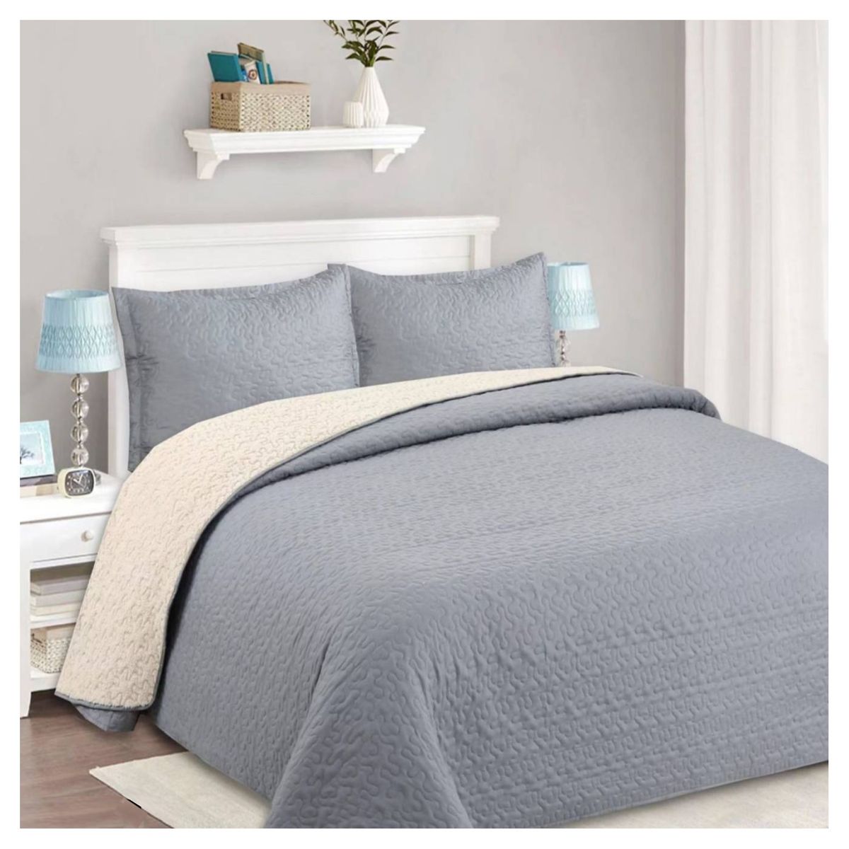 COMPRAPO - Cubrecama Quilt Juvenil Sherpa King Modelo Gris + 2 Fundas