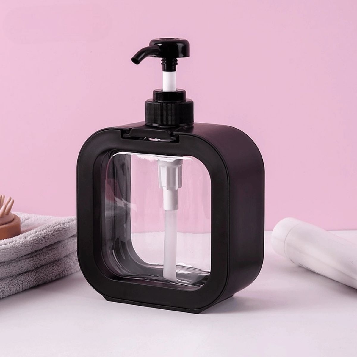 HOMESTAR - Dispensador Jabón Líquido Cuadrado Transparente - Negro 500ml