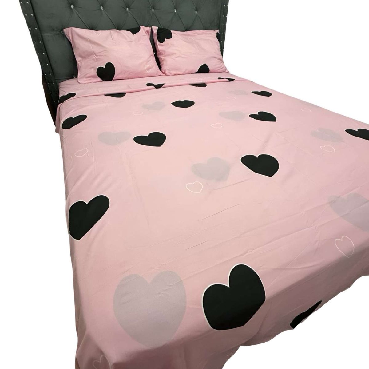 GENERICO - JUEGO DE SABANAS DE GÉNERO KING ROSADA CORAZONES NEGROS