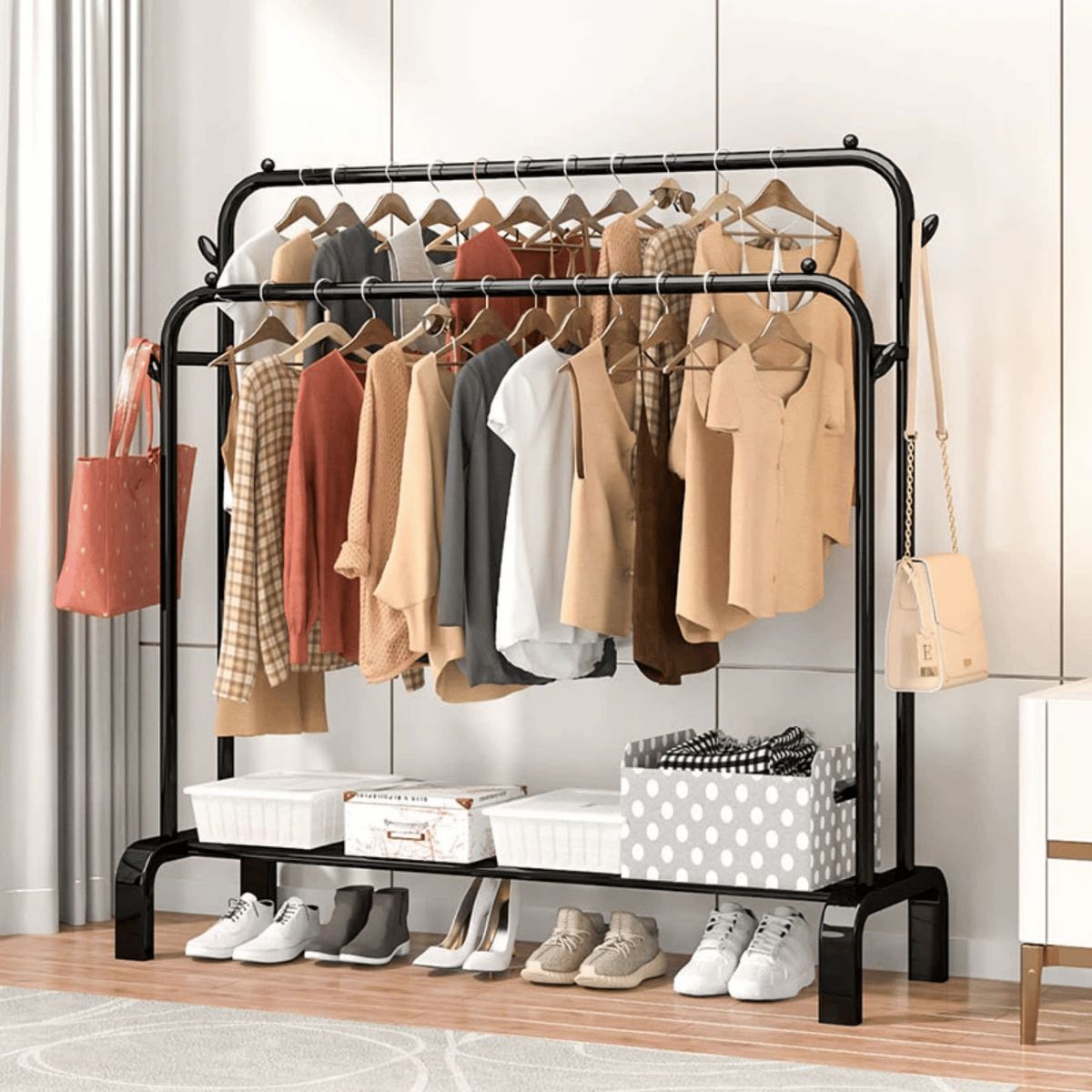 HOMESTAR - Perchero colgador doble riel con estante inferior negro glossy black