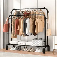 Perchero Colgador Doble Riel con Estante Inferior- Negro