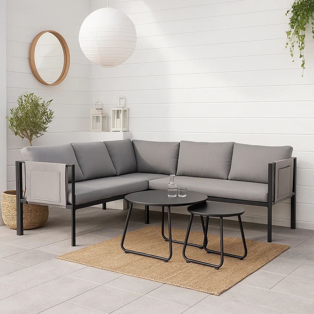 KLIK - Juego de Terraza Soho 3 Sofás Esquineros Grises y 2 Mesas de Centro