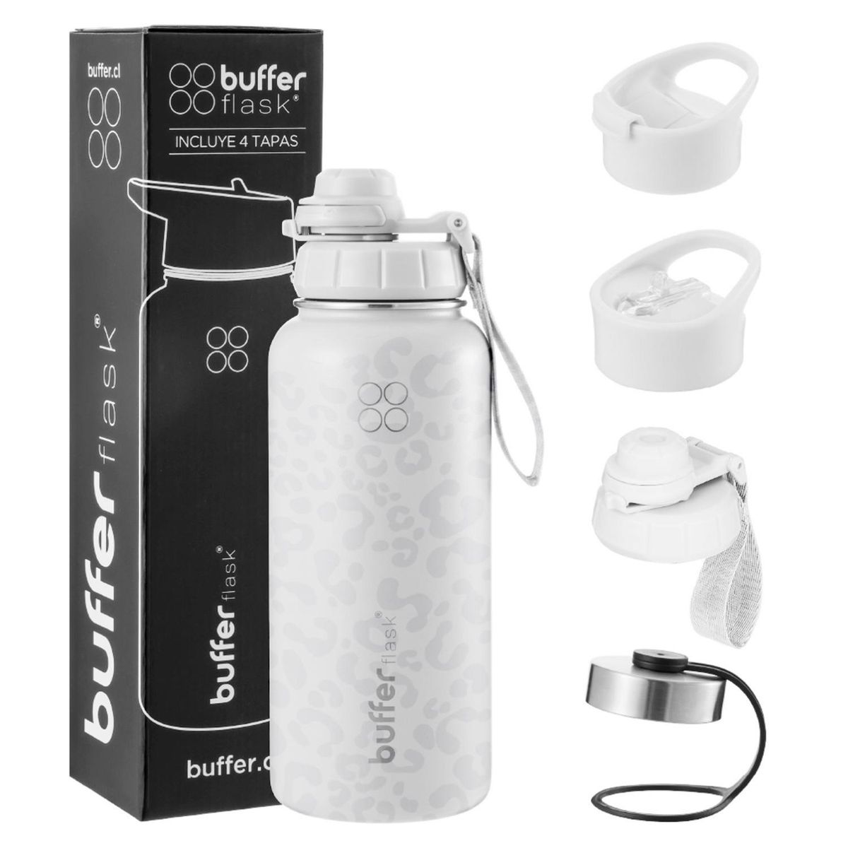 BUFFER FLASK - Termo Botella Agua Termica Acero Inox + Tapas - Blanco