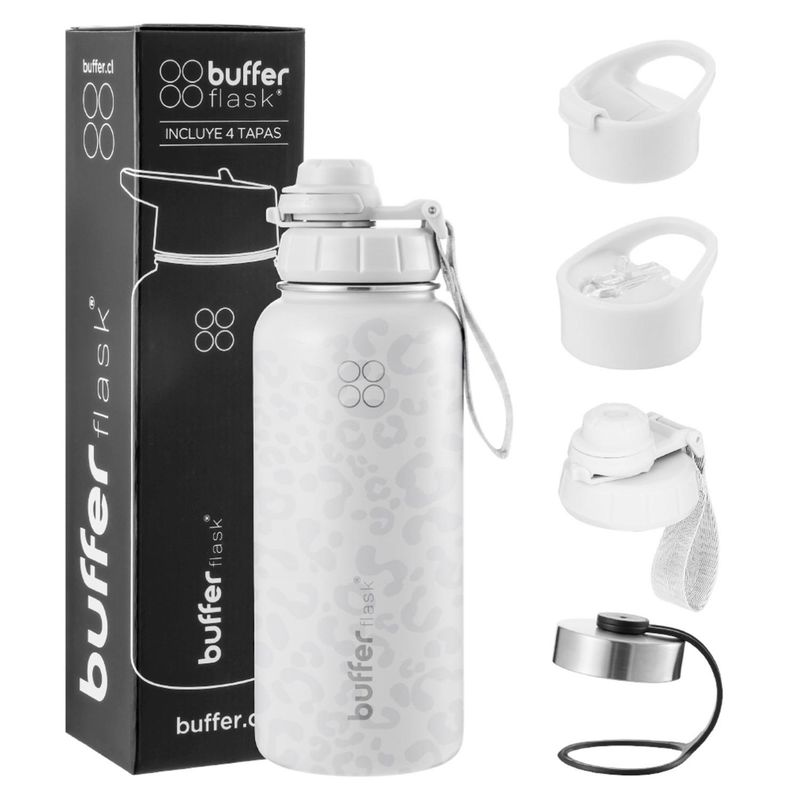 BUFFER FLASK - Termo Botella Agua Termica Acero Inoxidable+Tapas - Blanco