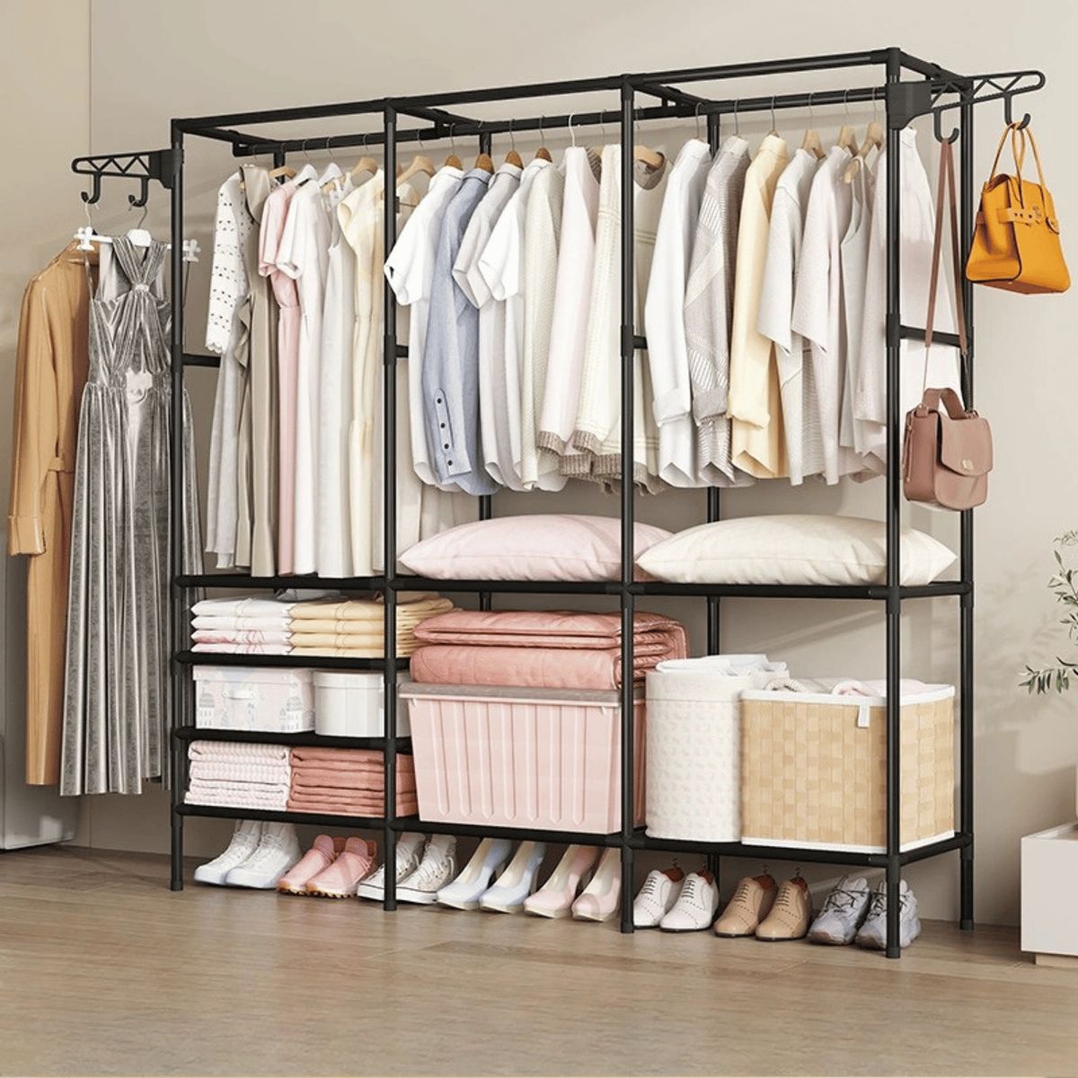 HOMESTAR - Clóset Organizador Perchero Metálico Rieles y Estantes - Negro