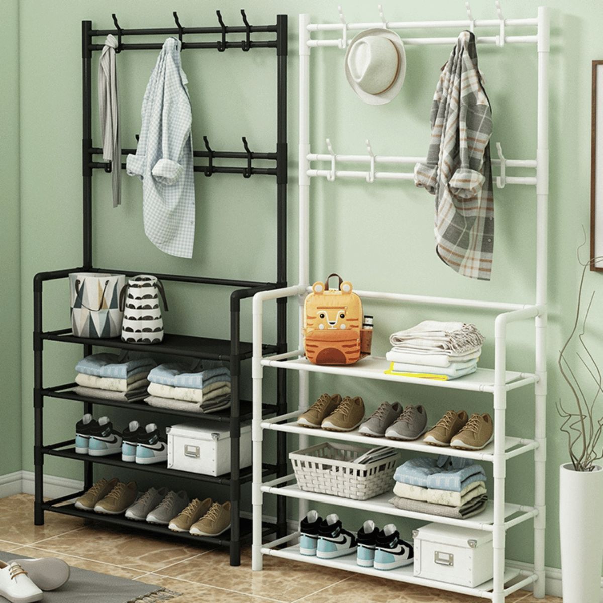 HOMESTAR - Mueble Perchero Ganchos Estantes Zapatero - Negro