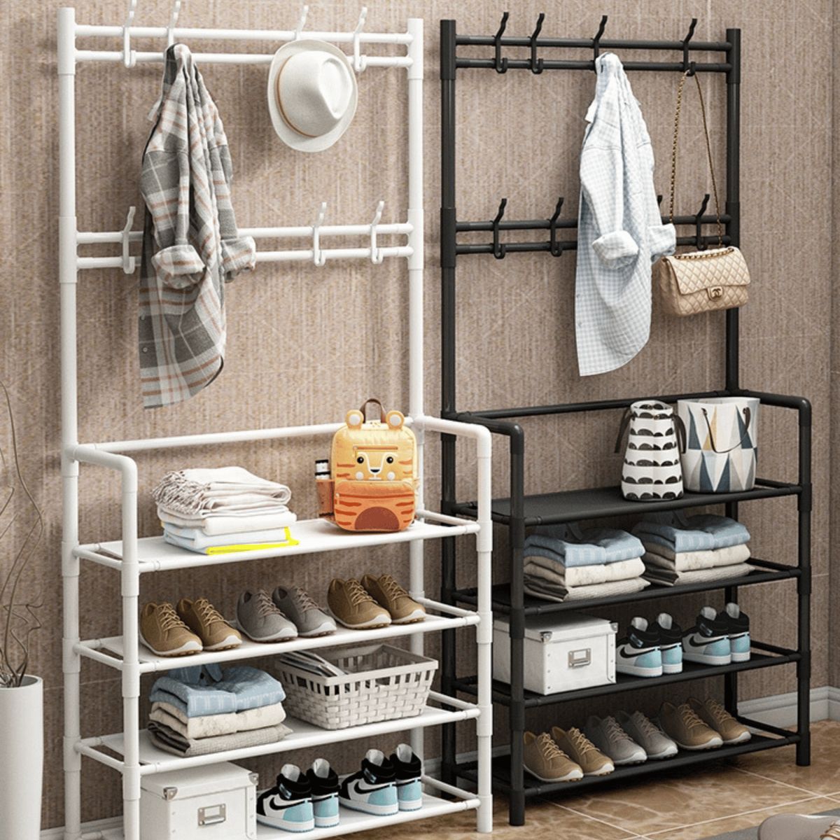 HOMESTAR - Mueble Perchero Ganchos Estantes Zapatero - Negro