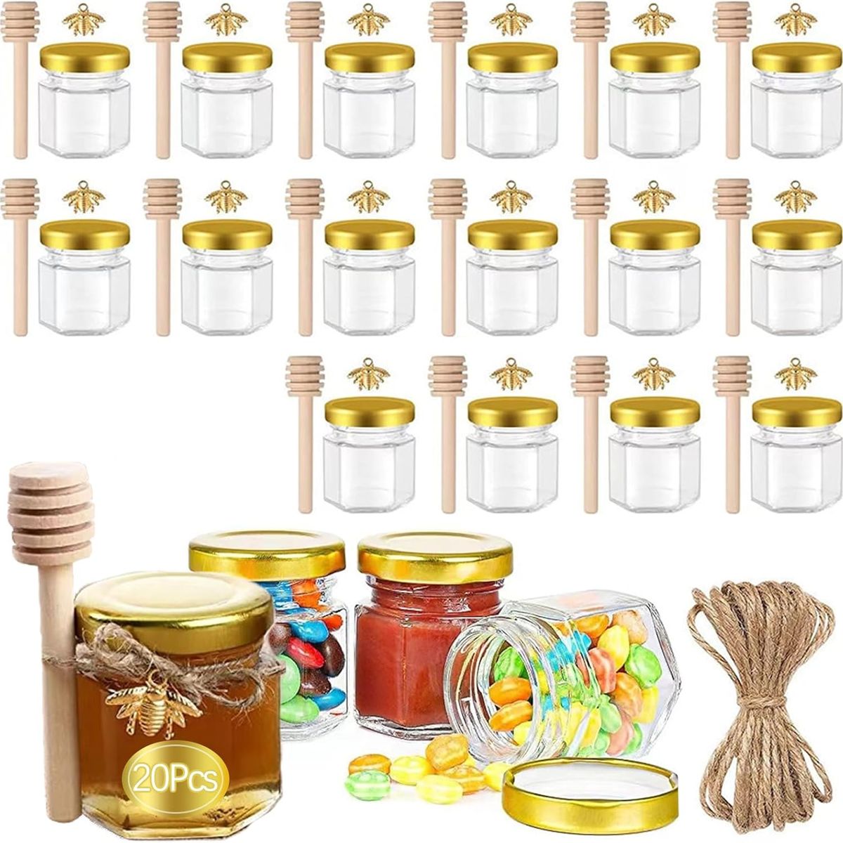 KUANGYE - Frasco De Vidrio Mini Miel Hexagonal 45 Ml Con Tapa (20pcs)