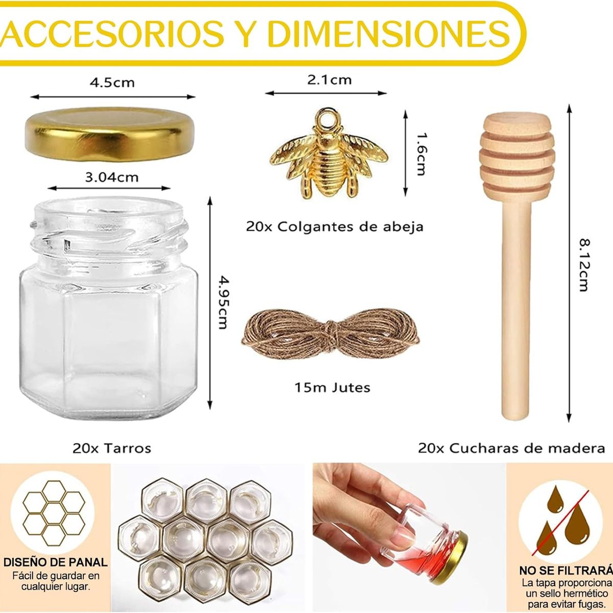 KUANGYE - Frasco De Vidrio Mini Miel Hexagonal 45 Ml Con Tapa (20pcs)