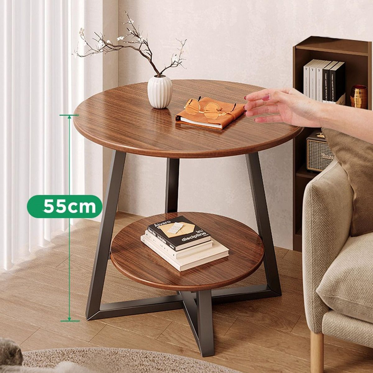 EDWINAYY - Mesa De Centro Lateral Living Redonda Doble Madera Natural