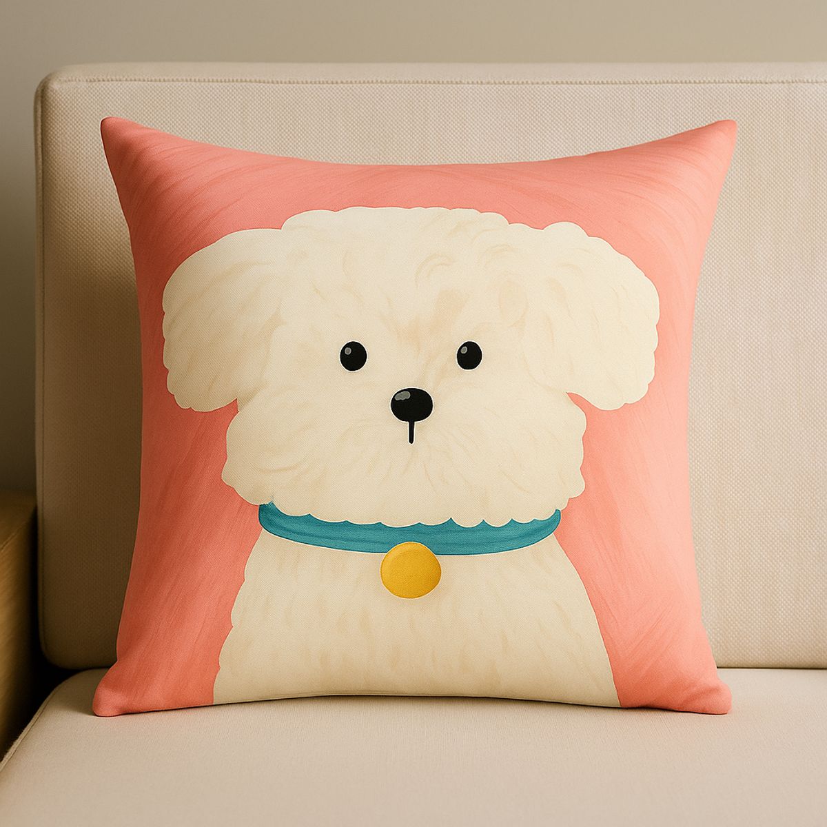 ARMONIA - Funda cojín perrito blanco 45x45 fondo rosa adorable 780
