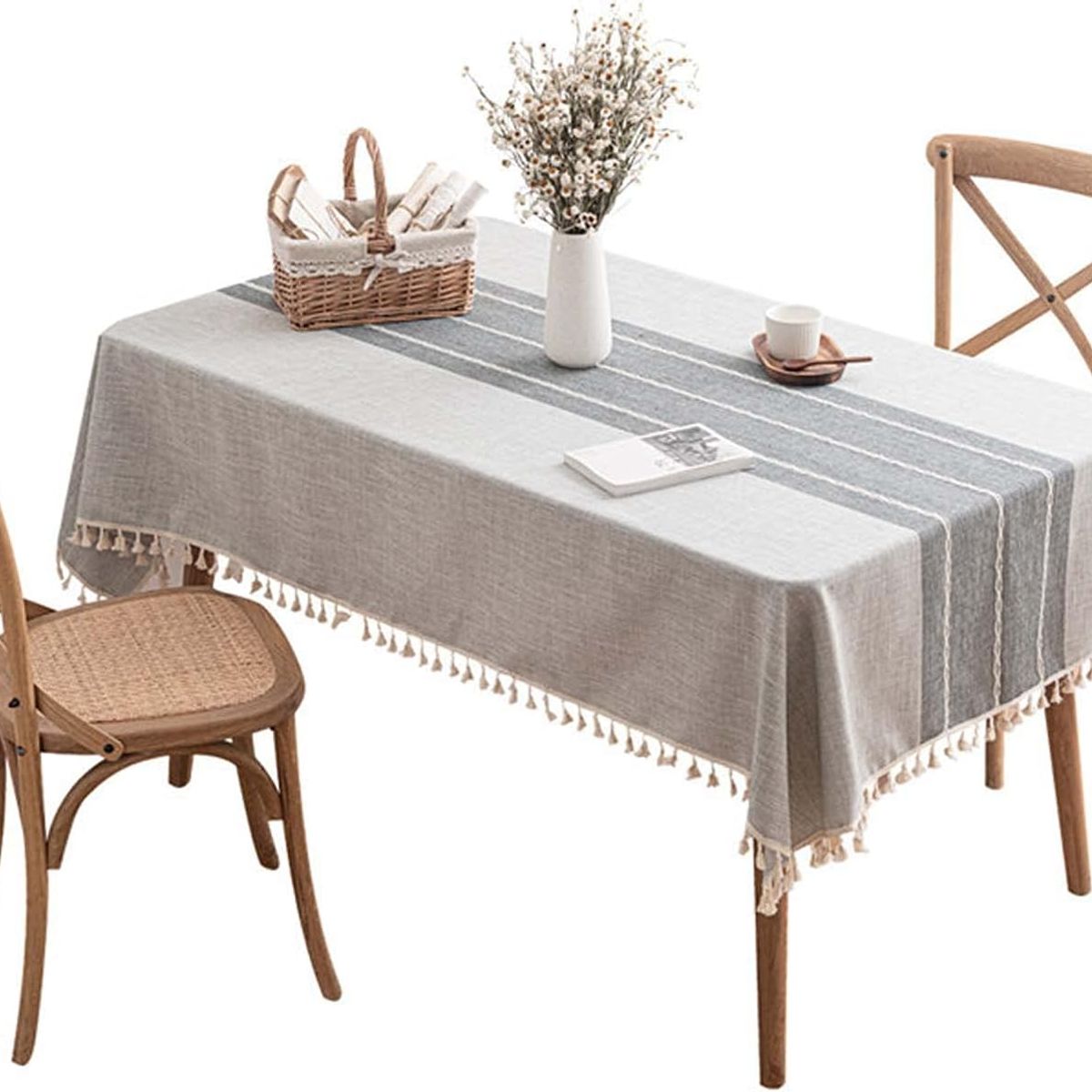 WAKESHOME - Mantel Rectangular Mantel De Mesa Borla Algodón 100x160cm Gris Rayas