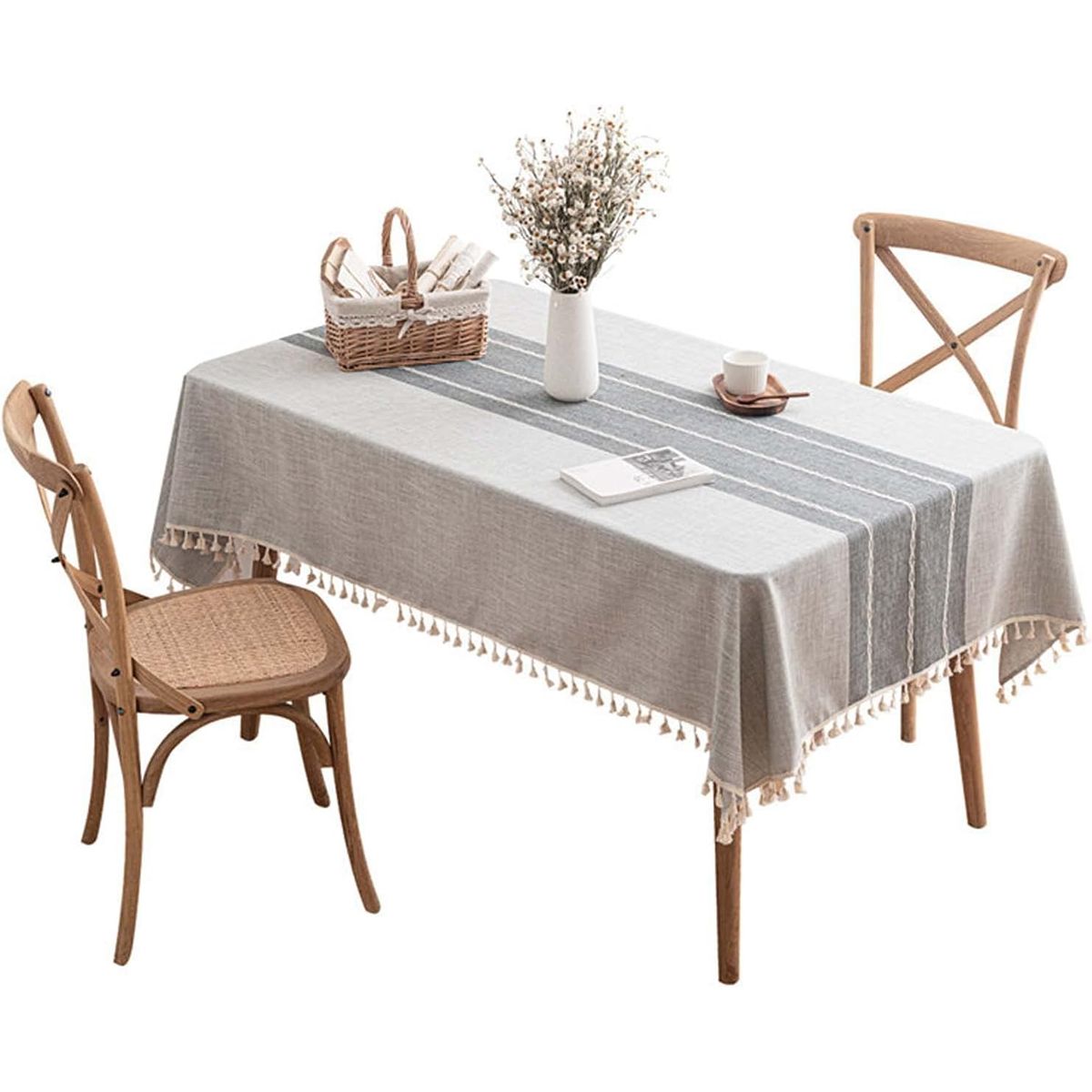 WAKESHOME - Mantel Rectangular Mantel De Mesa Borla Algodón 100x160cm Gris Rayas