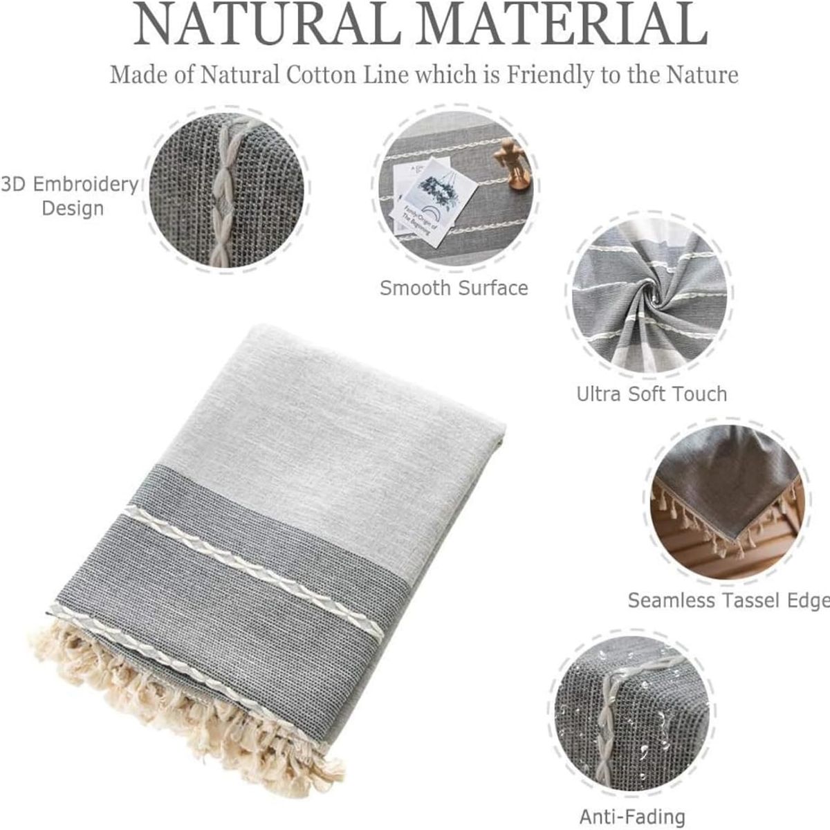 WAKESHOME - Mantel Rectangular Mantel De Mesa Borla Algodón 100x160cm Gris Rayas