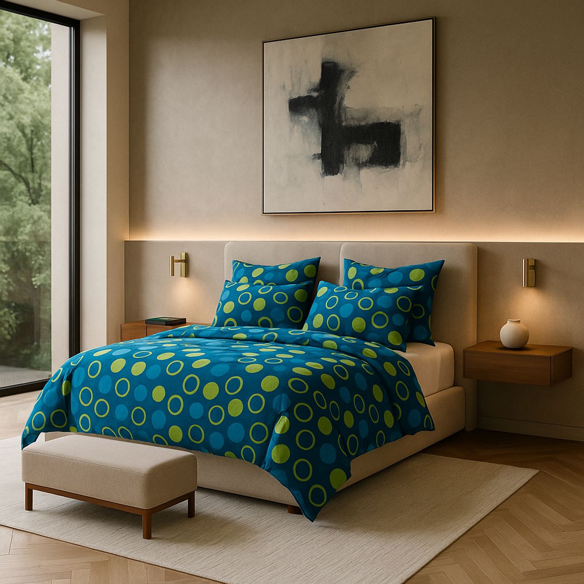 ARMONIA - Juego sábanas 800 hilos 2 plazas círculos azul y verde moderno 826
