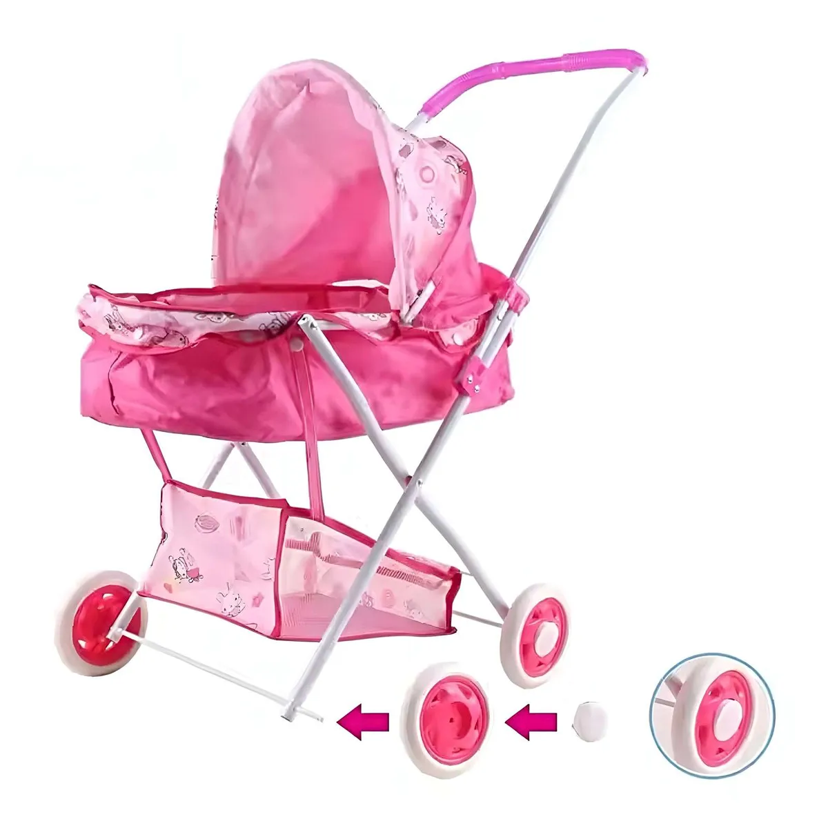 GENERICO - COCHE CUNA METALICO GRANDE DISEÑO ROSADO