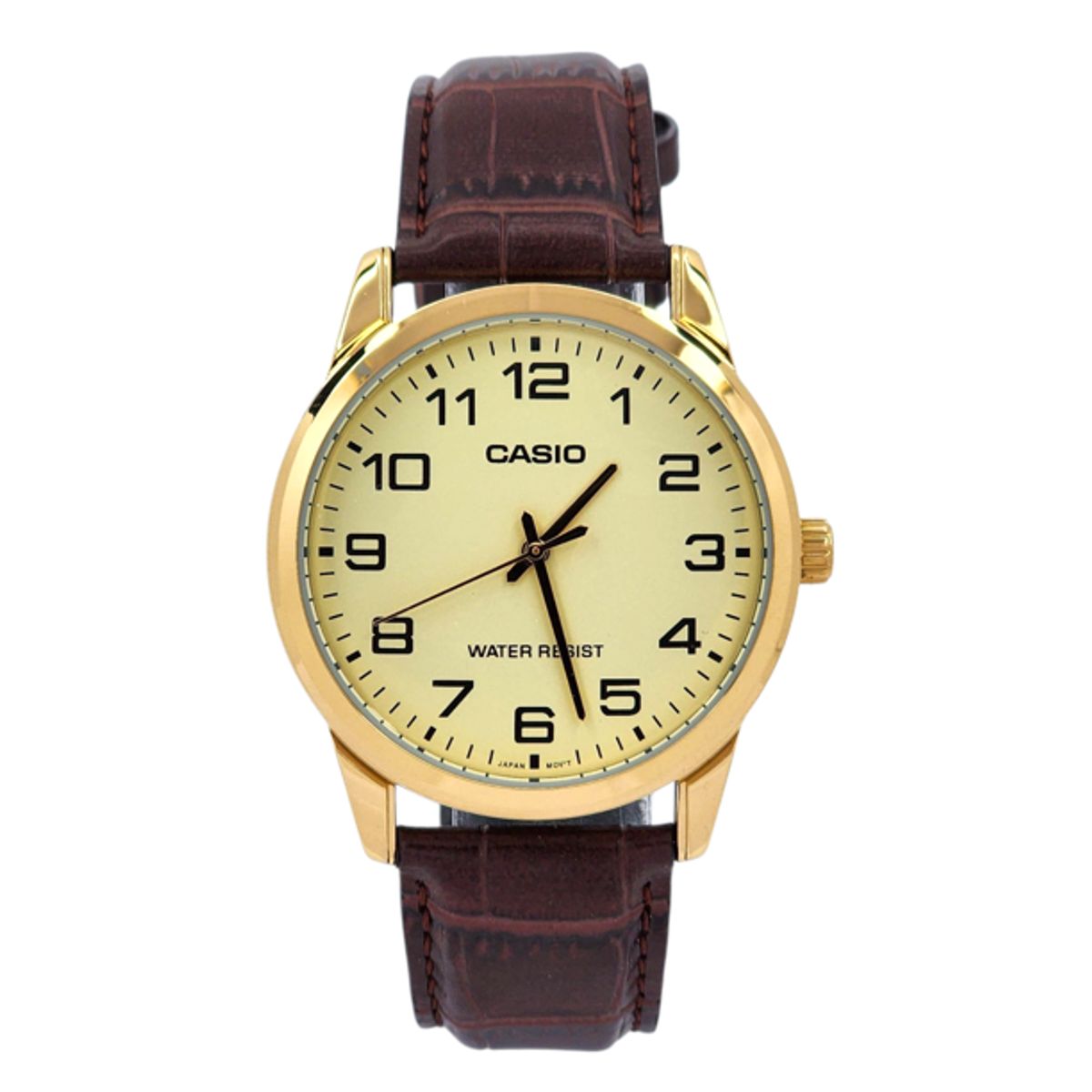 CASIO - Reloj Casio caballero MTP-V001GL-9B cuero cafe fondo dorado