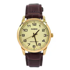 CASIO - Reloj caballero MTP-V001GL-9B cuero cafe fondo dorado