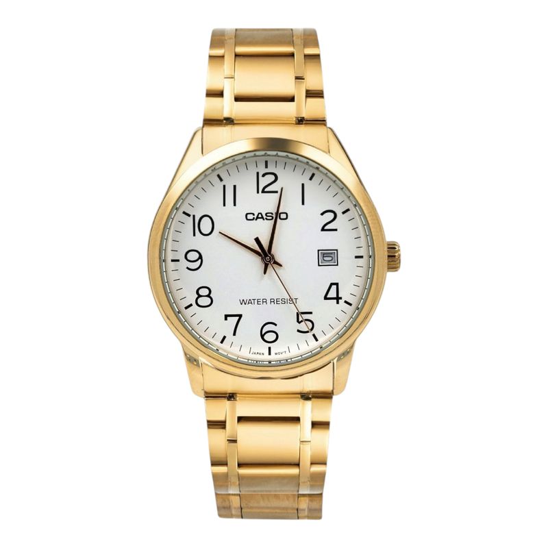 CASIO - Reloj Casio caballero MTP-V002G-7B2 correa acero dorada fondo blanco