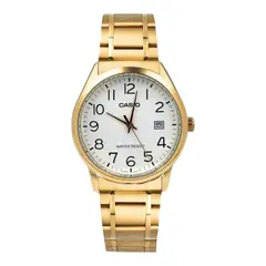CASIO - Reloj caballero MTP-V002G-7B2 correa acero dorada fondo blanco