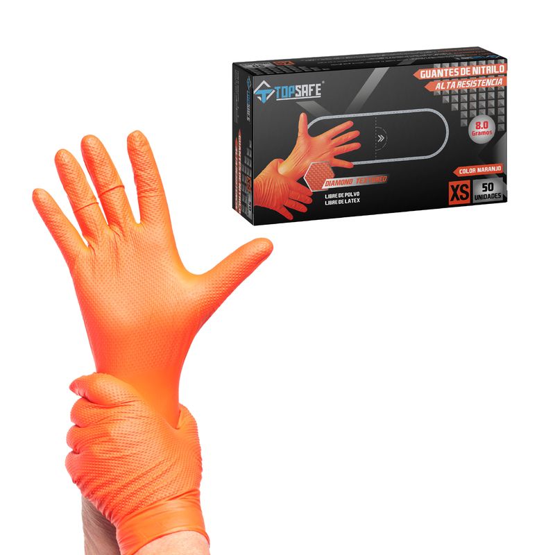 TT SAFE - Guante De Nitrilo Texturizado Naranjo 8,0 Gr Topsafe 50 UDS "XL"