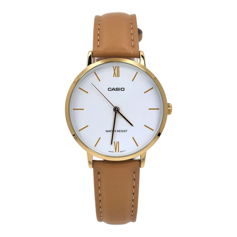 CASIO - Reloj Casio dama LTP-VT01GL-7B correa cuero cafe fondo blanco