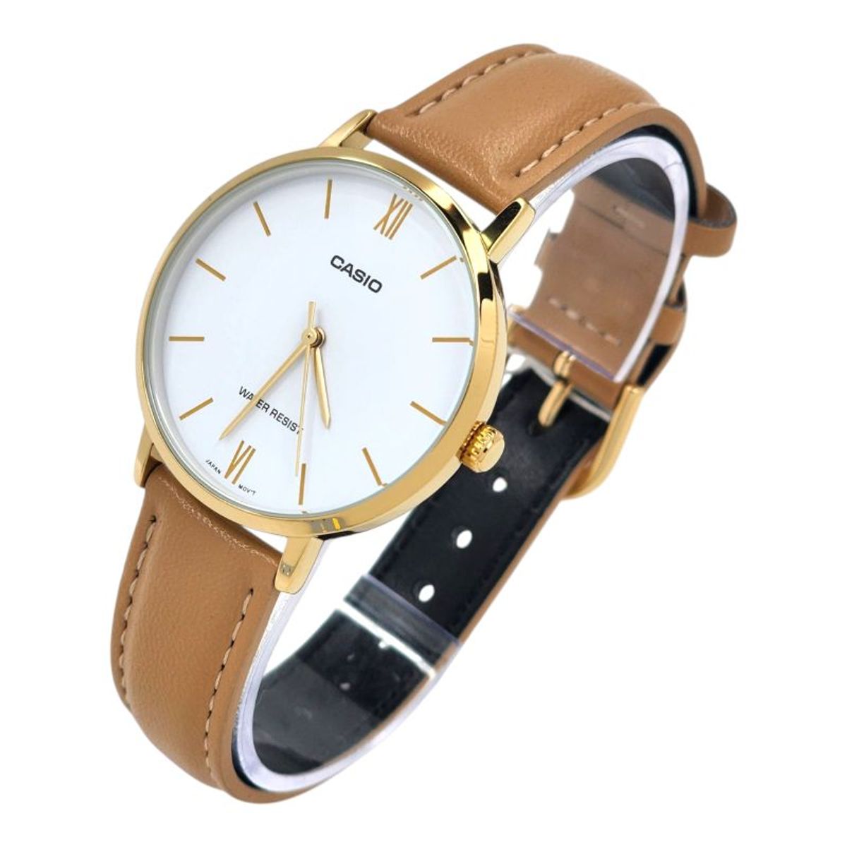 CASIO - Reloj Casio dama LTP-VT01GL-7B correa cuero cafe fondo blanco