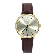 CASIO - Reloj dama LTP-VT01GL-9B correa cuero cafe esfera dorada