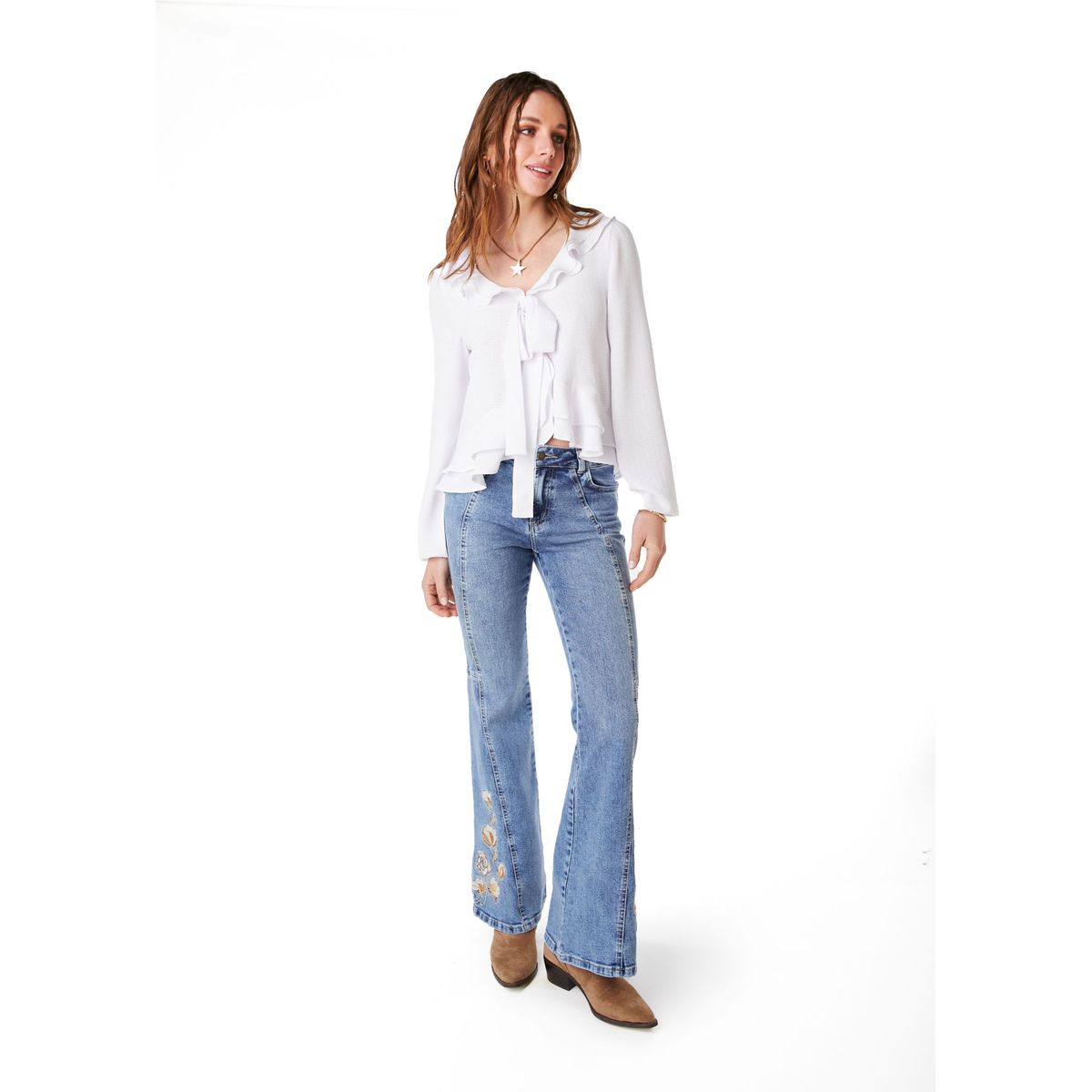 EFESIS - JEANS CURVI FLARE CORTES Y BORDADO AZUL EFESIS - Azul