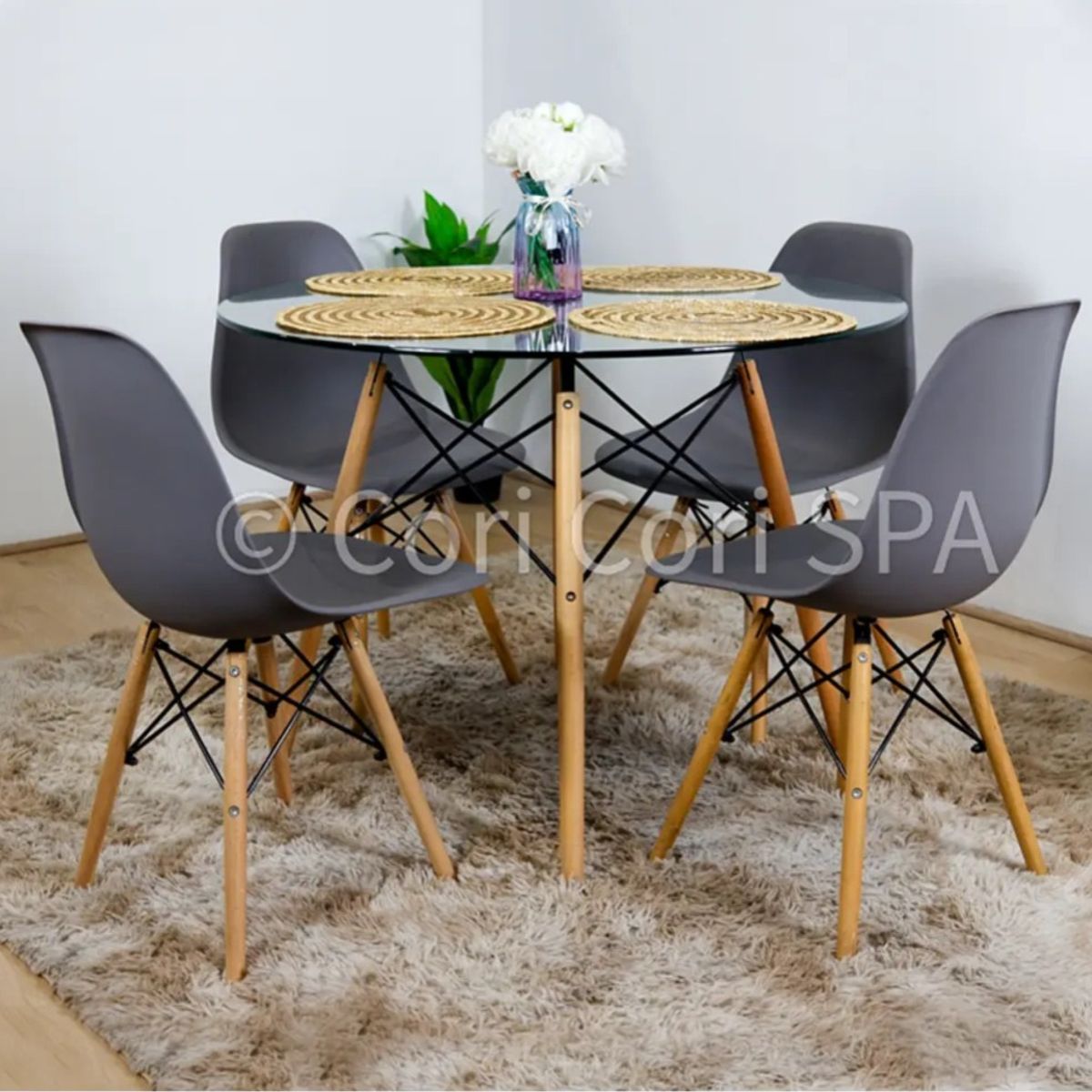 CORI CORI - Juego de Comedor Mesa Eames Vidrio 100cm + 4 Sillas Eames Gris